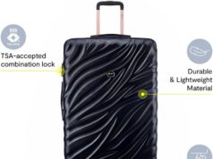 Delsey Paris Alexis Hardside 3-Piece Set, Expandable Luggage with 4 Spinner Wheels, Lightweight Suitcase, 21″ Carry-On, 25″ Checked Medium, 29″ Checked Large, Black/Rose Gold