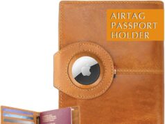 GARZINI Passport Holder with AirTag, Passport Wallet with RFID, Travel Accessories, Travel Document Holder with ID Window, Leather Passport Holder for 7 Cards, Brushed Cognac