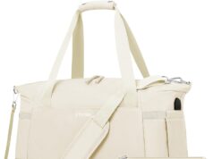ETRONIK Gym Bag for Women, Personal Item Travel Duffel Bag with Shoes Compartment, Weekender Overnight Bag with Wet Pocket & USB Charging Port, Carry On Bag for Women, Travel, Gym, Weekend (Beige)