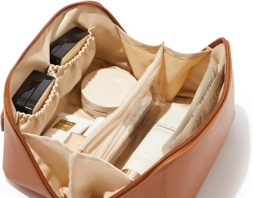 EACHY Travel Makeup Bag,Large Capacity Cosmetic Bags for Women,Waterproof Portable Pouch Open Flat Toiletry Bag Make up Organizer with Divider and Handle