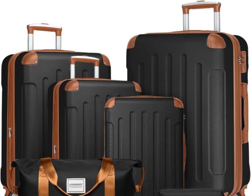 LARVENDER Luggage Sets 6 Piece Hardshell Expandable Suitcase Set with Double Spinner Wheels TSA Lock (Black Brown, 6 Piece Set)