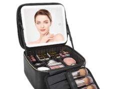 Relavel Travel Makeup Bag With LED Mirror, Cosmetic Train Case with Light up Mirror, Portable Makeup Artist Organizer Bag with Adjustable Dividers, Makeup Brush Holder Storage, Black