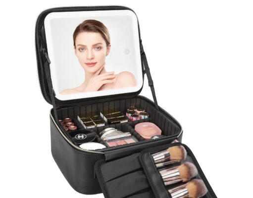 Relavel Travel Makeup Bag With LED Mirror, Cosmetic Train Case with Light up Mirror, Portable Makeup Artist Organizer Bag with Adjustable Dividers, Makeup Brush Holder Storage, Black