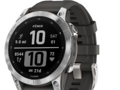 Garmin fenix 7, adventure smartwatch, rugged outdoor watch with GPS, touchscreen, health and wellness features, silver with graphite band – 010-02540-00
