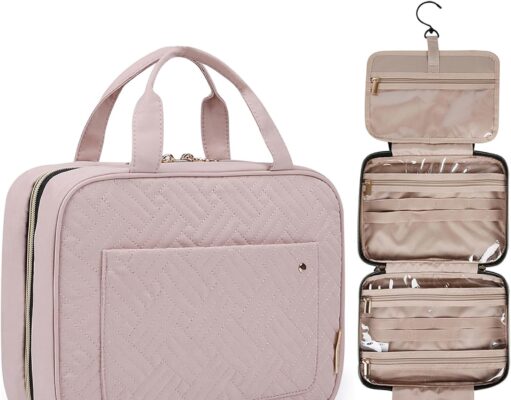 BAGSMART Toiletry Bag Travel Bag with Hanging Hook, Water-resistant Makeup Cosmetic Bag Travel Organizer for Accessories, Shampoo, Full-size Container, Toiletries (Baby Pink, Medium)
