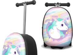 ALVOD Scooter Suitcase for Kids – Scooter Luggage for Kids Lightweight Suitcases with Unicorn Pattern LED Light Wheels (Blue)