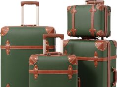 NZBZ Vintage Handmade Luggage Sets for Women 4 Pieces, PU Leather Retro Suitcase Set, Cute Vintage Trunk Luggage with TSA Lock (Dark Green, 14″+20″+24″+28″)