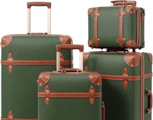 NZBZ Vintage Handmade Luggage Sets for Women 4 Pieces, PU Leather Retro Suitcase Set, Cute Vintage Trunk Luggage with TSA Lock (Dark Green, 14″+20″+24″+28″)