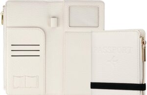 Travel Passport Wallet, RFID Blocking Passport Holder with Zipper, PU Leather Travel Document Organizer with Card Slots, Passport Cover for Women Men, Travel Essentials, White