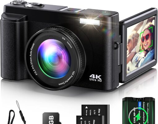 4K Digital Camera for Photography Auto-Focus Vlogging Camera for YouTube Video with 3” 180° Flip Screen 16X Anti-Shake 4K Camera Compact Cameras with SD Card, Flash, 2 Batteries & Battery Charger