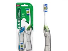 GUM Folding Travel Toothbrush, Compact Head + Tongue Cleaner, Soft Bristled Travel Toothbrushes for Adults, 2ct (Colors may vary)