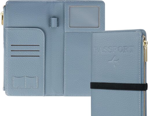 Travel Passport Wallet, RFID Blocking Passport Holder with Zipper, PU Leather Travel Document Organizer with Card Slots, Passport Cover for Women Men, Travel Essentials, Blue
