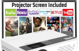 TMY Mini Projector, Upgraded Bluetooth Projector with Screen, 1080P Full HD Portable Projector, Movie Projector Compatible with TV Stick Smartphone/HDMI/USB, indoor & outdoor use