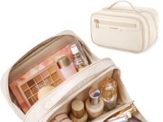 BAGSMART Travel Makeup Bag Large Capacity Cosmetic Bag, Wide-open Portable Make Up Bag Organizer for Women for Travel Essentials Travel-Size Toiletries Accessories Bottles, Brushes (Beige)
