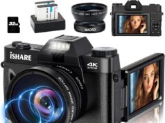 Digital Camera for Photography, 4K 56MP Vlogging Camera for YouTube with WiFi, 3-inch 180-degree Flip Screen, 16X Digital Zoom, 52mm Wide Angle & Macro Lens, 32GB TF Card and 2 Batteries