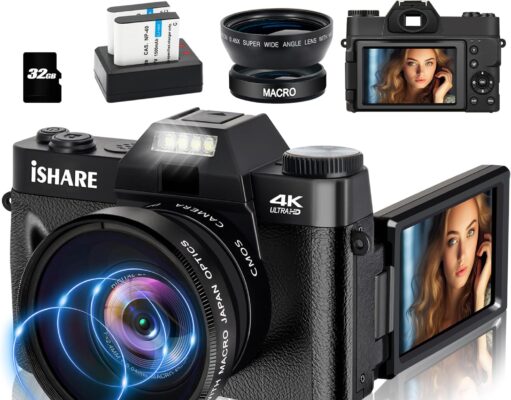 Digital Camera for Photography, 4K 56MP Vlogging Camera for YouTube with WiFi, 3-inch 180-degree Flip Screen, 16X Digital Zoom, 52mm Wide Angle & Macro Lens, 32GB TF Card and 2 Batteries