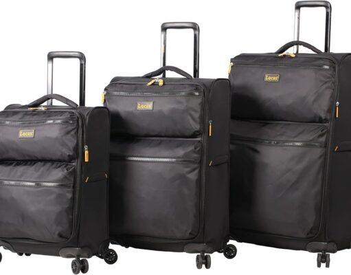 LUCAS Designer Luggage Collection – 3 Piece Softside Expandable Ultra Lightweight Spinner Suitcase Set – Travel Set includes 20 Inch Carry On, 24 Inch & 28 Inch Checked Suitcases (Black)