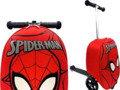 Fast Forward Kid’s Licensed 18″ Ride-On Suitcase Scooter – Lightweight Carry-On Luggage Scooter With LED Light Up Wheels (Spider-Man)