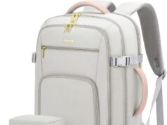 LOVEVOOK Travel Backpack For Women, 40L Carry On Backpack Flight Approved, TSA Personal Item Travel Bag Fits 17 Inch Laptop, Business Weekender Overnight Waterproof Daypack With 2 Cubes, Grey-Pink