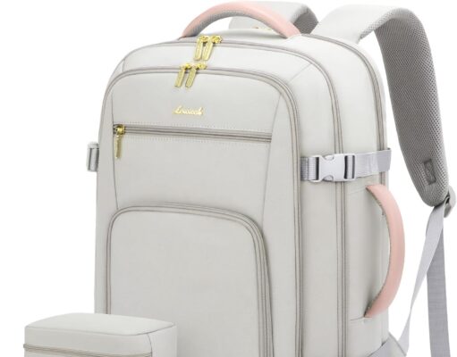 LOVEVOOK Travel Backpack For Women, 40L Carry On Backpack Flight Approved, TSA Personal Item Travel Bag Fits 17 Inch Laptop, Business Weekender Overnight Waterproof Daypack With 2 Cubes, Grey-Pink