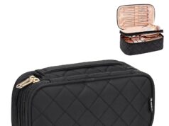 Relavel Makeup Bag, Small Makeup Bag for Women, Travel Cosmetic Bag, 2 Layers Waterproof Makeup Organizer Storage with Makeup Brush Holder, Black