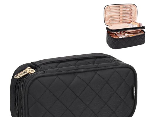 Relavel Makeup Bag, Small Makeup Bag for Women, Travel Cosmetic Bag, 2 Layers Waterproof Makeup Organizer Storage with Makeup Brush Holder, Black