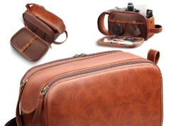 HOTOR Travel Toiletry Bag for Men – Leather Water Resistant Toiletries Organizer with Handle, Versatile Travel Cruise Ship Essentials, Brown, Medium