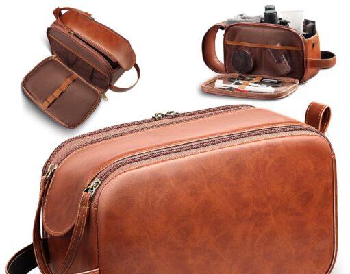 HOTOR Travel Toiletry Bag for Men – Leather Water Resistant Toiletries Organizer with Handle, Versatile Travel Cruise Ship Essentials, Brown, Medium