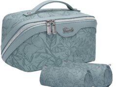 Travel Makeup Bags Cosmetic Organizer Bag: 3-Set Large Capacity Make up Bag – PU Leather Toiletry Bag for Women – Wide Open Portable Pouch with Divider & Handle 01-Light Blue