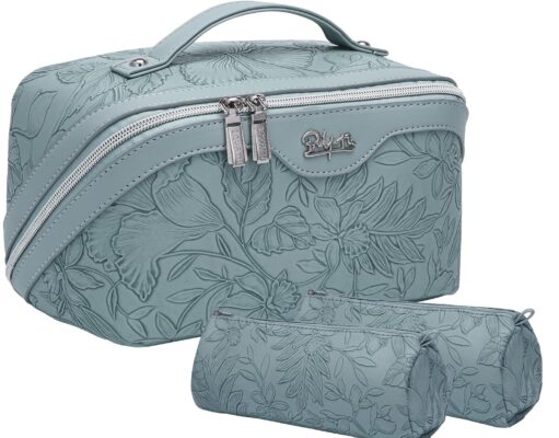 Travel Makeup Bags Cosmetic Organizer Bag: 3-Set Large Capacity Make up Bag – PU Leather Toiletry Bag for Women – Wide Open Portable Pouch with Divider & Handle 01-Light Blue