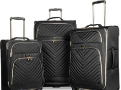 Kenneth Cole REACTION Chelsea Chevron Quilted Luggage, Black, 3-Piece Set (20″/24″/28″)