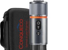 CONQUECO Portable Espresso Coffee Machine: 12V Electric Small Travel Expresso Maker – Self Heating 8 Cups Battery Powered Compatible for Nespresso Capsule – for Camping RV Hiking Office (w/Handbag)