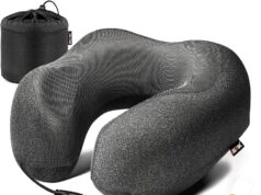 MLVOC Travel Pillow 100% Pure Memory Foam Neck Pillow, Comfortable & Breathable Cover, Machine Washable, Airplane Travel Kit with 3D Contoured Eye Masks, Earplugs, and Luxury Bag, Standard (Black)