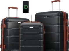 Merax Luggage Set of 3 with 20-inch Carry On USB Port Cup Holder ABS+PC Hardshell Spinner Wheels TSA Approved Durable Expandable Suitcase for Travel Men Women (3, Black and Brown, 20″+ 24″+ 28″)