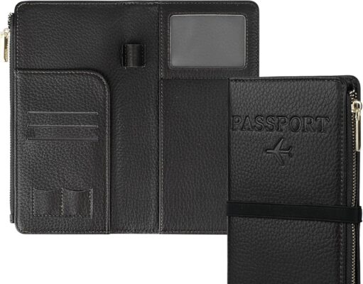 Travel Passport Wallet, RFID Blocking Passport Holder with Zipper, PU Leather Travel Document Organizer with Card Slots, Passport Cover for Women Men, Travel Essentials, Black