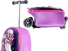 KIDDIETOTES 3-D Hardshell Ride On Suitcase Scooter for Kids – Cute Lightweight Kids Luggage with Wheels – Fun LED Lights