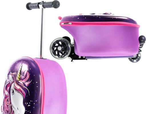 KIDDIETOTES 3-D Hardshell Ride On Suitcase Scooter for Kids – Cute Lightweight Kids Luggage with Wheels – Fun LED Lights