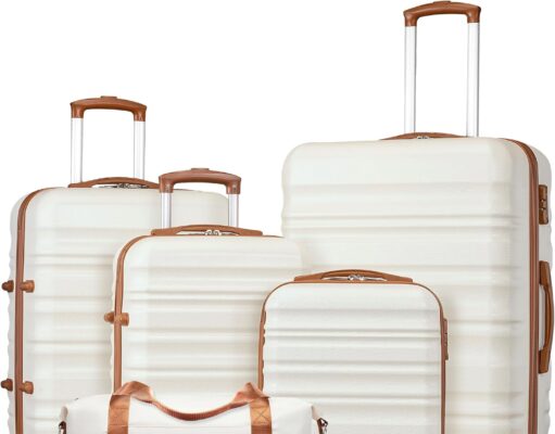 LONG VACATION Luggage Set 4 Piece Luggage ABS hardshell TSA Lock Spinner Wheels Luggage Carry on Suitcase (WHITE-BROWN, 6 piece set)