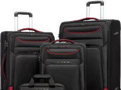 Coolife Luggage 4 Piece Set Suitcase TSA Lock Spinner Softshell lightweight (black+red)