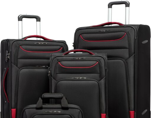 Coolife Luggage 4 Piece Set Suitcase TSA Lock Spinner Softshell lightweight (black+red)