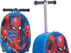 Fast Forward Spiderman Suitcase Scooter for Boys – 18 inches Lightweight Ride On Suitcase for Kids – 4” Wider Slip-Proof Standing Deck with Weight Limit (Luggage 11lbs and Scooter 100lbs)