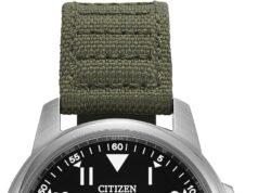 Citizen Men’s Eco-Drive Weekender Garrison Field Watch in Stainless Steel with Olive Nylon strap, Black Dial (Model: BM8180-03E)