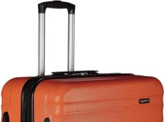 Amazon Basics Durable, Spacious, Hardside Luggage Suitcase with Wheels, 30-Inch Spinner with Four Spinner Wheels, Scratch-Resistant Surface, Bright Orange Travel Bag That Holds a Lot