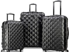 Kenneth Cole REACTION Diamond Tower Collection Lightweight Hardside Expandable 8-Wheel Spinner Travel Luggage, Black, 3-Piece Set (20″, 24″, & 28″)