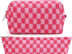 SOIDRAM 2 Pieces Makeup Bag Large Checkered Cosmetic Bag Capacity Canvas Mix Travel Toiletry Bag Organizer Cute Makeup Brushes Aesthetic Accessories Storage Bag for Women, Checkered Mix Rose Red