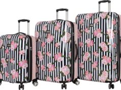 Betsey Johnson Designer Luggage Collection – Expandable 3 Piece Hardside Lightweight Spinner Suitcase Set (Stripe Roses)