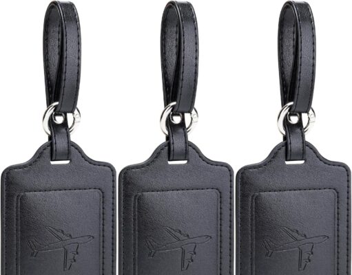 Teskyer Luggage Tags, 3 Pack Premium PU Leather Luggage Tags for Suitcases, Privacy Protection Bag Tags Travel Essentials, Black