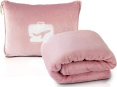 EverSnug Travel Blanket and Pillow – Premium Soft 2 in 1 Airplane Blanket with Soft Bag Pillowcase, Hand Luggage Sleeve and Backpack Clip (Light Pink)