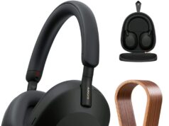 Sony WH-1000XM5 Wireless Industry Leading Noise Canceling Headphones, Black Bundle with Deco Gear Wood Headphone Display Stand and Protective Travel Carry Case