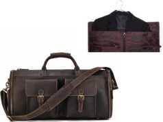 Convertible Garment Bag with Shoes Compartment Full Grain Leather Carry on Duffle Bag for Men Women Hanging Weekender Business Suitcase for Travel Suit Coffee